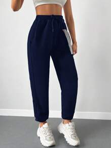 SHEIN Cottnline Pantalones De Carga Con Cintura Con Cordón Y Puños, De Color Sólido - Azul Marino - Ver 5