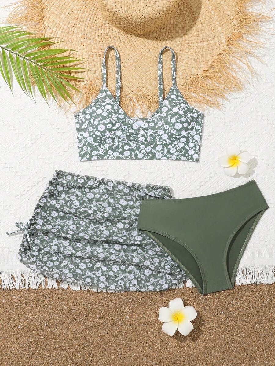 Tween Girl Random Printed Bikini Set With 3 Pieces - Green - View 1