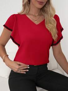 SHEIN Clasi 女士拼色蕾丝花朵缀饰荷叶边衬衫、短袖上衣 - 紅色 - 查看 5