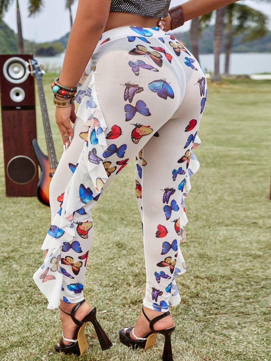 Flirla Loại bướm In Viền Ruffle Quần Kích thước lớn - trắng - Xem 1