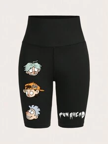 SHEIN EZwear Cartoon Print Casual Knit Cycling Shorts, Tight Leggings For Women, Suitable For Summer