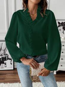 SHEIN LUNE Blusa Con Manga Farol Con Volante Y Adorno De Borde Con Color Sólido - Verde Oscuro - Ver 7