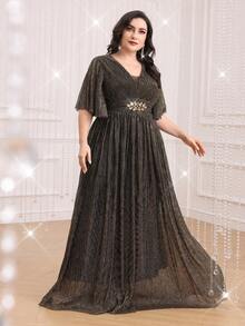 Plus Size Women Sparkling Ruffle Sleeve Long Elegant Dress - Gold - View 6