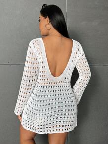 Sunnyshic Vestido De Suéter Para Mujer De Talla Grande Con Cuello Redondo, Hombros Caídos, Manga Larga Y Huecos En El Tejido