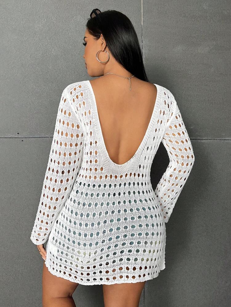 Plus Size Women's Round Neck Drop Shoulder Long Sleeve Hollow Out Sweater Dress