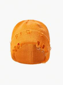 SHEIN 1pc Solid Color Ripped Style Knitted Hat - Orange - View 2
