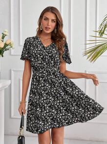 SHEIN Clasi 女性小花卉印花束腰婚禮禮服 - 黑與白 - 查看 6