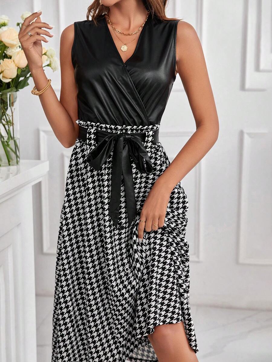 SHEIN Clasi Ladies' Sleeveless Sheath Dress With Hounds Tooth Splice - Multicolor - View 1