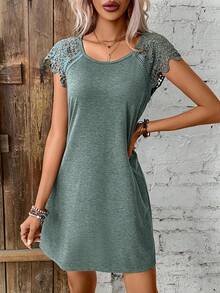 SHEIN Frenchy Vá lại Ren Trang trí Sheath Đầm Với Tròn Đường viền cổ áo - màu xanh lá - Xem 5