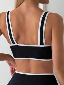 Swim SPRTY Conjunto de bikini con bloques de color, ribete contrastante y escote cuadrado, bikini de verano para playa y vacaciones