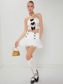 Enchnt 女士蝴蝶結裝飾褶皺網紗裙 - 白色 - 查看 5