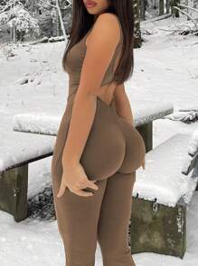 SHEIN ICON Của phụ nữ Màu thuần Mở Lưng Pháo sáng Áo liền quần - Cà phê nâu - Xem 3