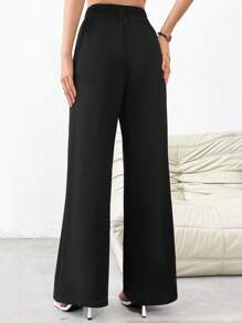 SHEIN Privé 女士黑色褶皺高腰寬腿夏季長褲帶口袋,優雅風格 - 黑色 - 查看 2