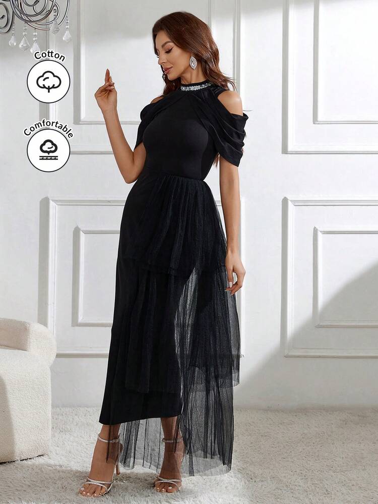 Women's Off Shoulder Multi-Layered Mesh Hem Dress Long Evening Dresses