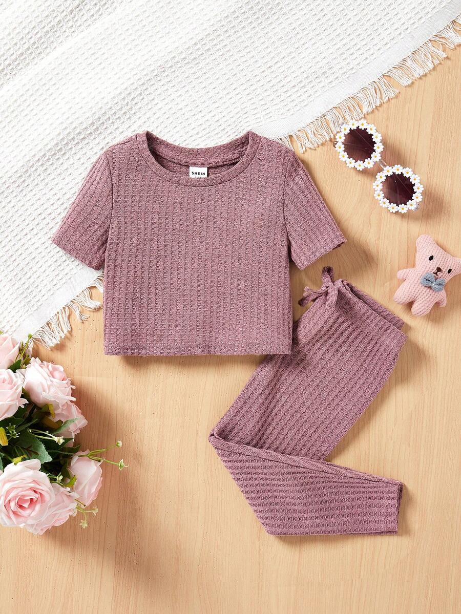 SHEIN Ensemble Pyjama Décontracté En Tricot Pour Bébé Fille, Haut À Manches Courtes Et Pantalon Moulant, Texturé Uni - Vieux Rose - Voir 1