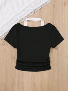 SHEIN Knitted Color Block Halter Neck 2 In 1 Ruffle Short Sleeve T-Shirt For Teen Girls