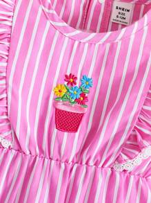 SHEIN Baby Girl's Casual & Elegant & Vintage & Cute & Fun Flower Embroidered Romper With Pink Stripes, Perfect For Spring & Summer Outings