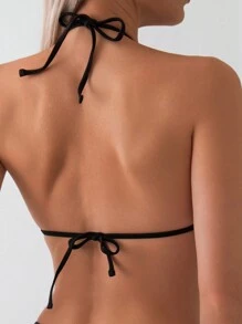 SHEIN Swim 女士拼色吊带上衣搭配 3d 花朵装饰和纯色三角形下装比基尼套装夏季 - 黑與白 - 查看 5