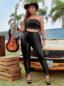 Flirla طقم قطعتين مكون من توب فوق بلا أكمام ذو أطراف مهترئة وبنطلون ضيق للمقاسات الكبيرة - الأسود - مشاهدة 6