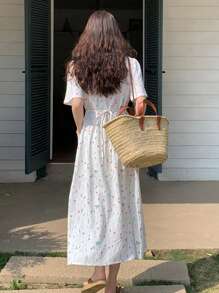 女士碎花连衣裙，带口袋，适合度假穿着，波西米亚风 - 白色 - 查看 3