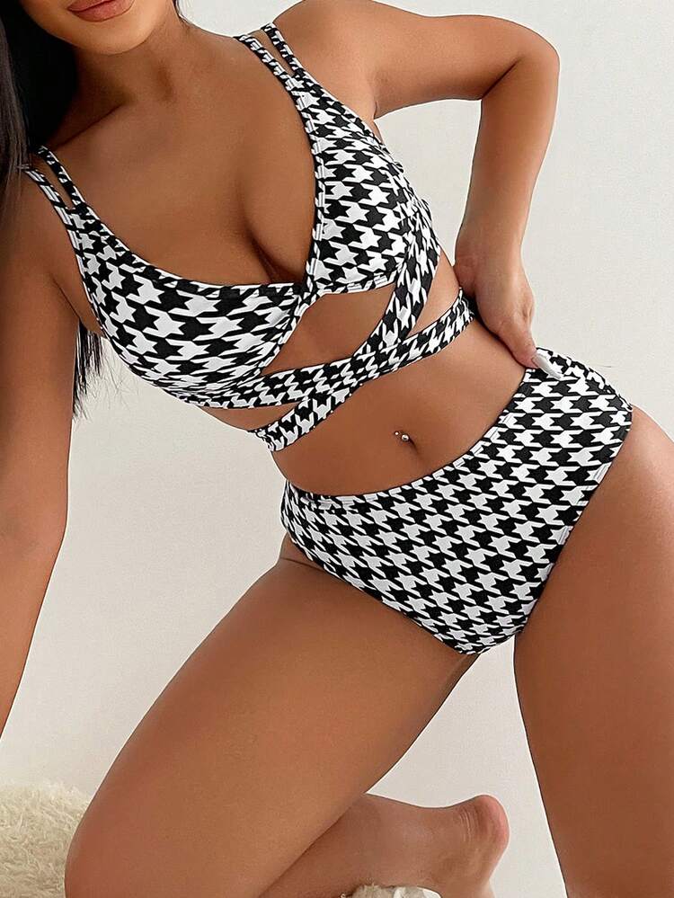 Houndstooth Printed Two-Piece Bikini Set Summer Beach