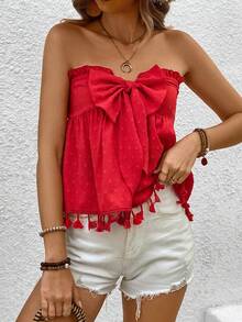 SHEIN VCAY 瑞士小點印花無肩帶上衣,蝴蝶結裝飾流蘇邊緣 - 紅色 - 查看 4