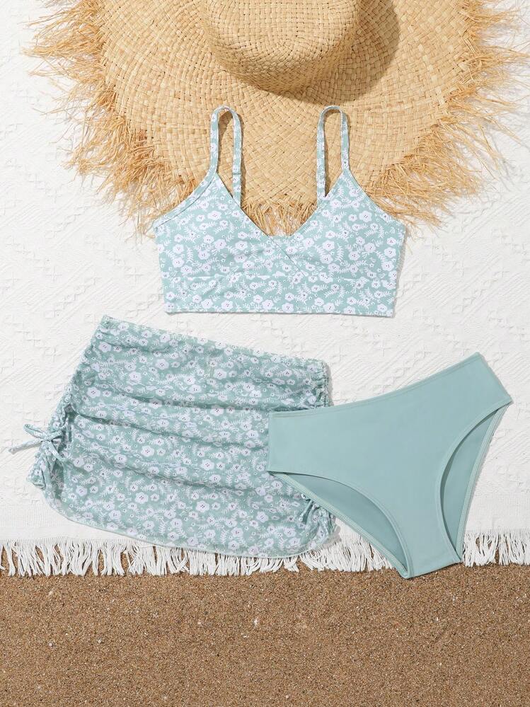 Ensemble bikini à patchwork de fleurs pour filles préadolescentes avec haut et bas séparés - Vert - Voir 5