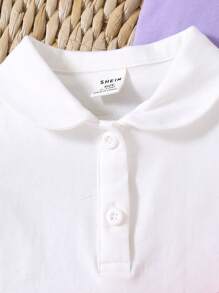 SHEIN 女宝宝可爱针织纯色彼得潘领短袖上衣 3 件套 - 紫色 - 查看 4