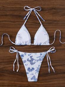 SHEIN Swim 夏季花卉印花挂脖系带比基尼套装 - 藍白色 - 查看 7