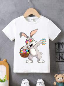 Camiseta Impresa De Conejo Y Huevos De Pascua En Caricatura Para Niños Jóvenes - Blanco - Ver 1