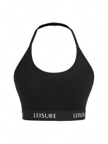 Ocili Leisure Smooth & Comfy Hanging Neck Letter Wireless Bra&Bralette-Black - Black - View 4
