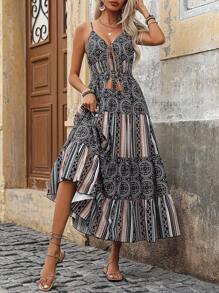 SHEIN Holidaya Đầm Maxi In Cổ Chữ V, Thắt Eo, Dây Buộc, Trang Phục Đi Biển Cho Nữ - Nhiều màu - Xem 4