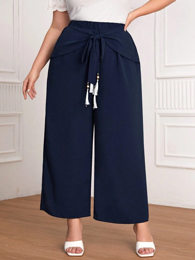 Plus Size Solid Color Wrap Tie Wide-Leg Pants