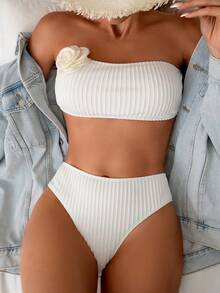 Conjunto de bikini con decoración de flor 3D texturizada de unicolor, para playa de verano - Blanco - Ver 4