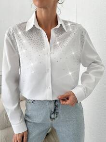 EURMUSE Rhinestone Decor Long Sleeve Turn-Down Collar Shirt - White - View 3