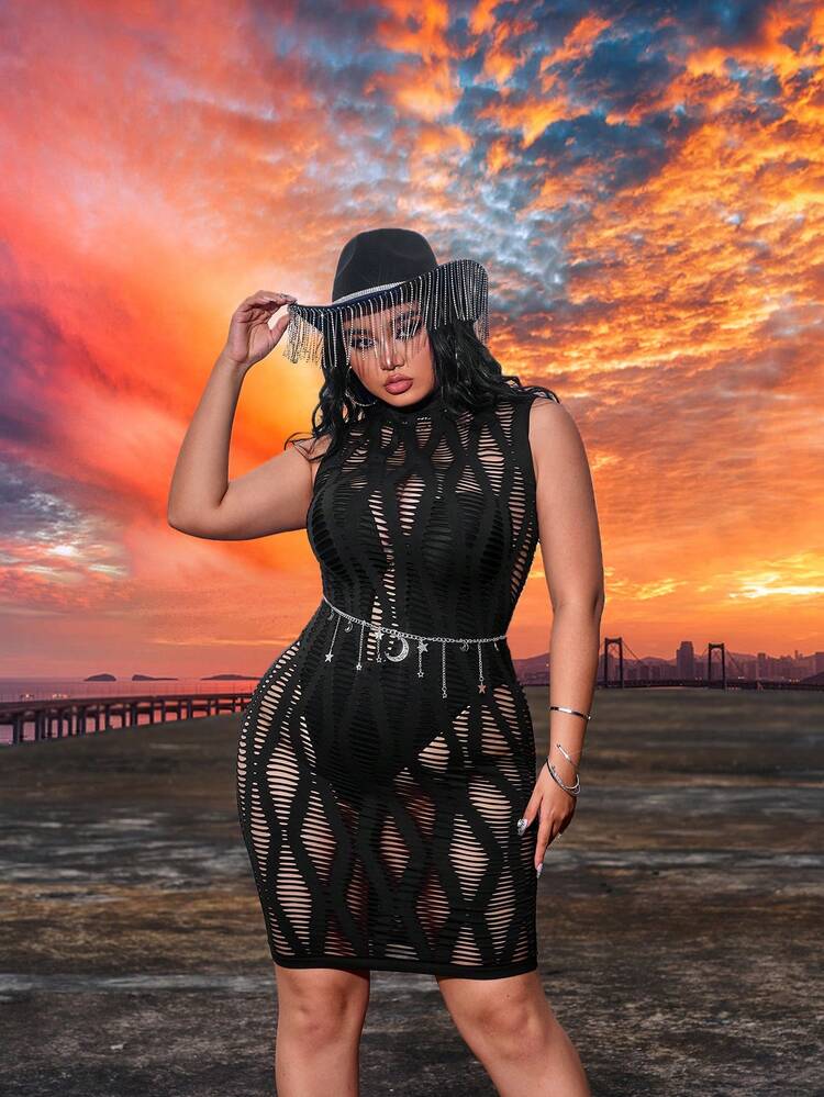 Plus Size Spring Summer Sexy Rave Party Music Festival Country Concert  Seamless Hole Design High Neck Long Dress