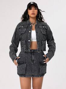 SHEIN ICON Plus Size Women's Multi-Pocket Cropped Denim Jacket