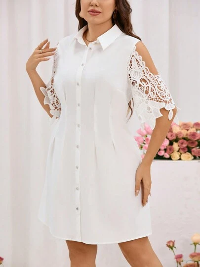 SHEIN Clasi 婚禮用大尺碼蕾絲拼接純色無袖連衣裙,前面配有紐扣