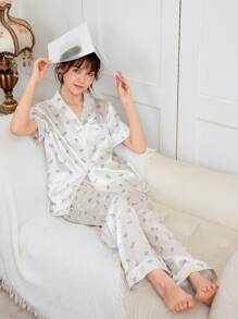 SHEIN Teenage Girls' Lapel Collar Lace Hem Ditsy Floral Printed Shirt And Pants Pajama Set