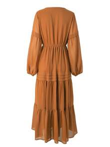 Rusttydustty Chiffon Red V-Neck Tie Waist Elegant Women's Maxi Dress, Casual Bohemian Style For Vacation, Valentine's Day, New Year Party - Brown - View 3