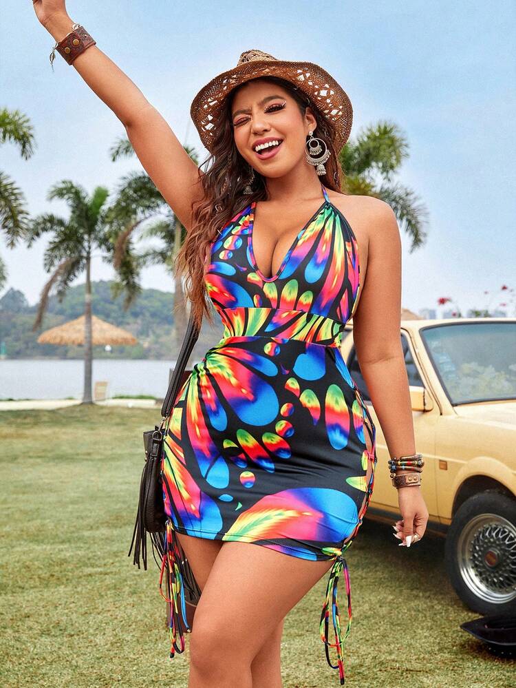 Plus Size Colorful Flower Print Deep V-Neck Backless Halterneck Thigh-High Split Dress With Tie-Up Sides