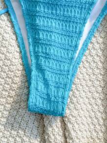 SHEIN Swim Solid Color Textured Halterneck Bikini Set, Thong Bikini Two Piece Swimwear Bathing Suit Beach Outfit Summer Vacation - Blue - View 3
