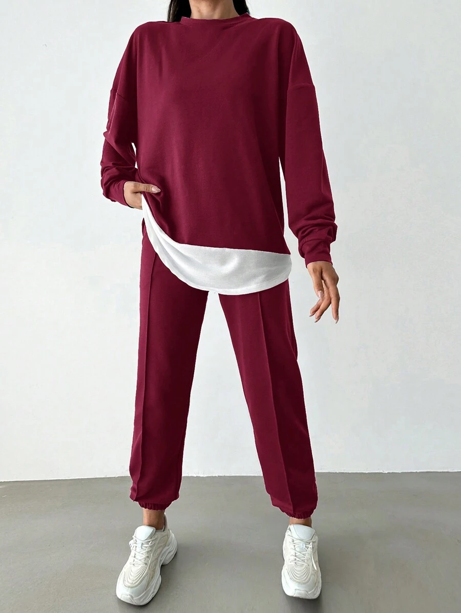 EURMUSE Pantalones deportivos con sudadera de hombros caídos 2 en 1 - Burdeos - Ver 1