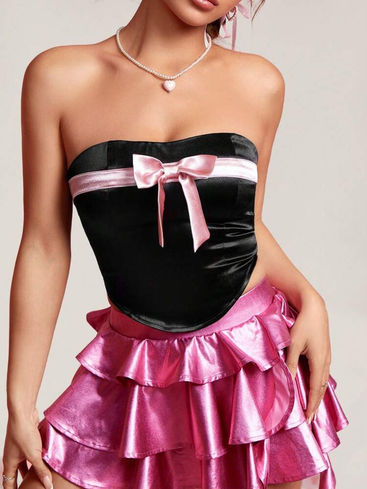 Women'S Colorblock Strapless Top With Bow Decoration
