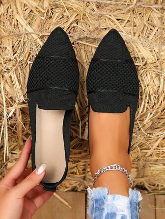 2025 Autumn Women's Pointed Toe Slip-On Knitted Striped Flat Shoes, Solid Color Bohemian Chic Fashion Casual Comfortable Outdoor Cute Ribbed Flats, Suitable For Holiday, Party, Home, Office, Outdoor, All Seasons