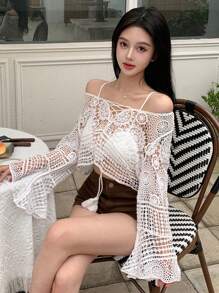 DAZY 女式镂空针织短款喇叭袖毛衣，秋季女装 - 白色 - 查看 4