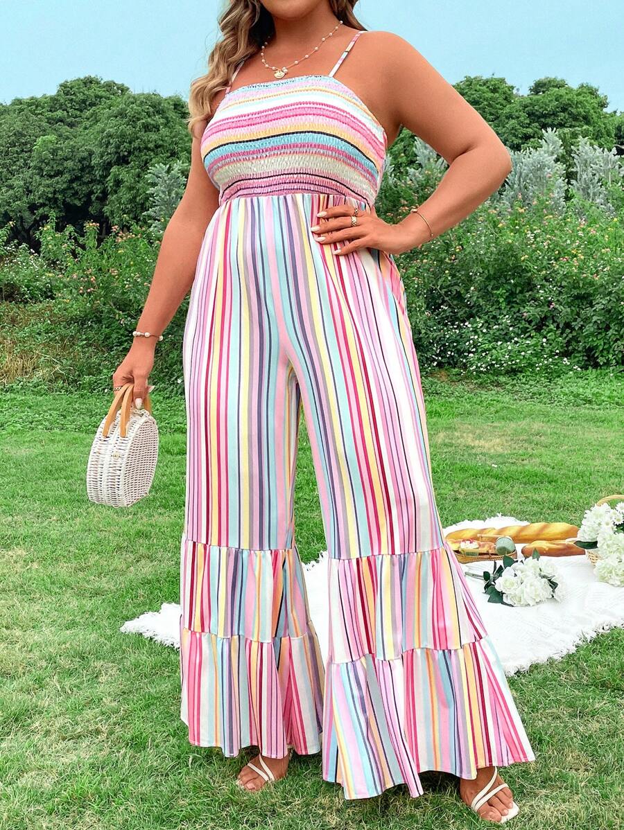 Flirla 大尺碼拼色條紋雙肩頸波浪邊連身褲 - 彩色 - 查看 1