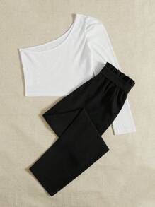 SHEIN LUNE Women Two-piece Outfits Berikat Paper Bag Pants Blok Warna Casual - Hitam dan Putih - View 2