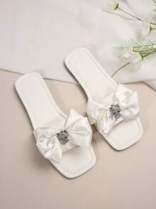 女士白色蝴蝶结装饰拖鞋，平底沙滩拖鞋，防滑鞋底 - 白色 - 查看 6