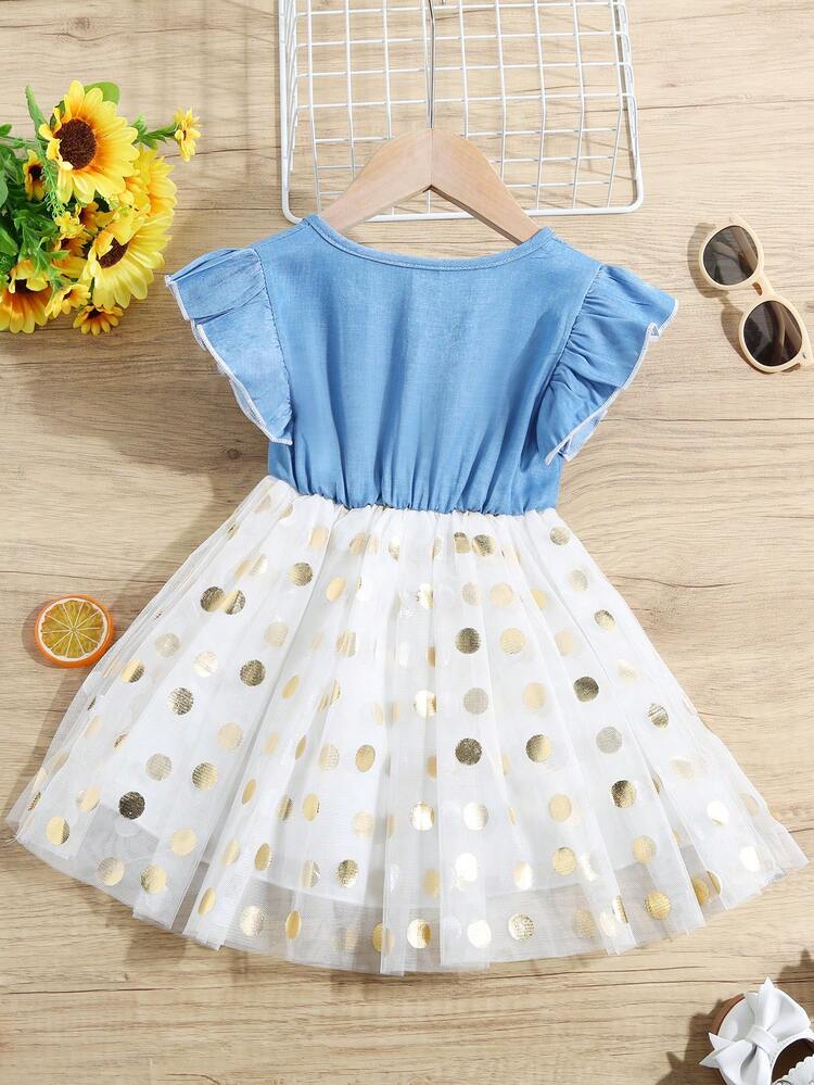 Baby Girl's Cute And Elegant Dotted Mesh & Bowknot Decor Fluffy Denim Dress With Short Puff Sleeves